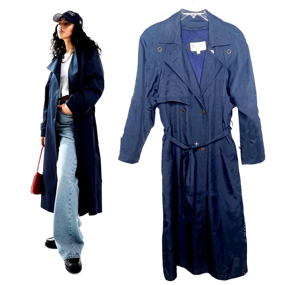 Neiman Marcus 10 Long Trench Coat $399 Belted Rain Jacket Denim Navy Blue - Picture 16 of 16